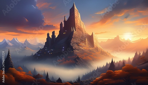 "Ethereal Summit: Moody Sunset Over Mist-Enshrouded Peak" 