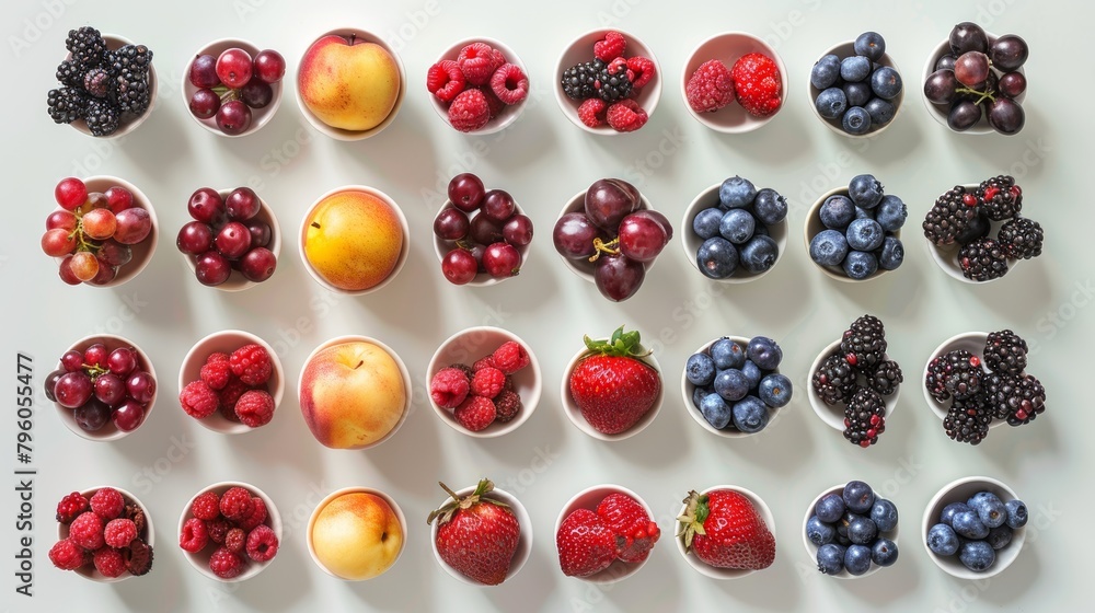 Artistic top view photo of a diverse berry selection, rich in antioxidants, neatly arranged on an isolated background, studio lighting Artistic top view photo of a diverse berry selection, rich in antioxidants, neatly arranged on an isolated background, studio lighting