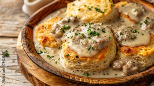 Artistic top view photo of a lighter Biscuits and Sausage Gravy version, featuring healthier ingredients and preparation, perfect for dietary menus, isolated