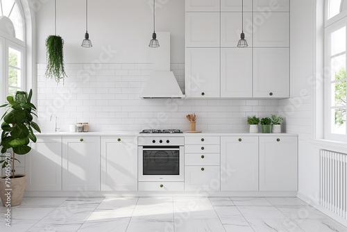 White kitchen cabinets in a Scandinavian style with modern appliances, white walls and grey floor tiles, a clean and minimalist interior design of a home or apartment in the style of modern Scandinav photo