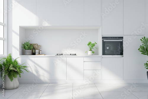 White kitchen cabinets in a Scandinavian style with modern appliances  white walls and grey floor tiles  a clean and minimalist interior design of a home or apartment in the style of modern Scandinav