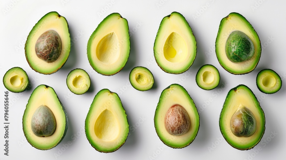 Artistic top view of whole and sliced avocados, arranged to highlight their healthy fats, isolated background, studio lighting for a clear, sharp image Artistic top view of whole and sliced avocados, arranged to highlight their healthy fats, isolated background, studio lighting for a clear, sharp image