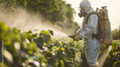 Close-up of a worker wearing a mask and protective suit while operating a backpack sprayer among rows of crops, highlighting precision and protection in crop maintenance. photo