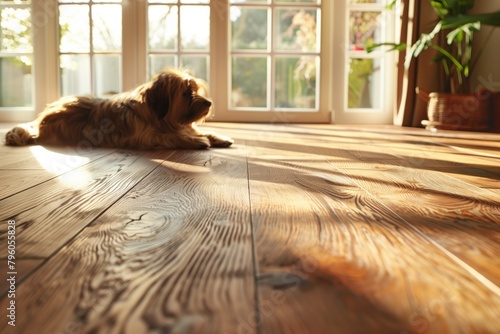 The dog is lying on a beautiful wooden floor