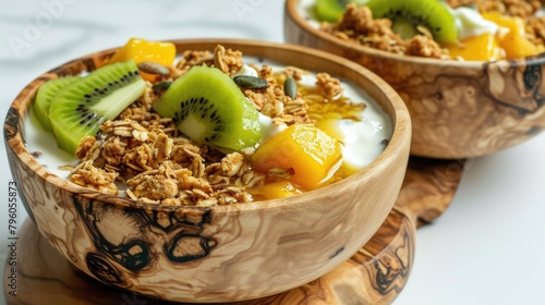 Two bowls of fruit and granola on wooden tray