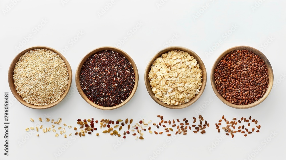 Artistic top view display of whole grains including quinoa, oats, barley, and bulgur, emphasizing their health benefits, on an isolated background