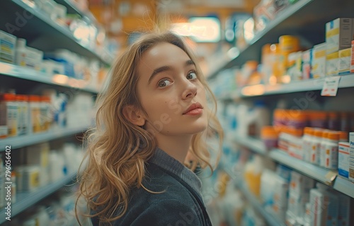 A female employee at the pharmacy searches for the medication.