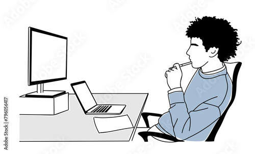 Young business man sitting at the desk with laptop and computer monitor. Guy in smart casual clothes  thinking about work problem. It specialist, coder, programmer. Outline colored vector drawing.