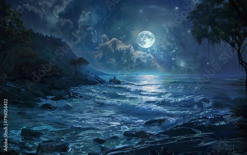 Moon And Sea Night. Fiction. Concept art. Beautiful Realistic Illustrations
