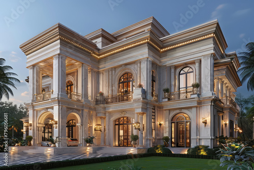 Design of a luxury villa with French style architecture, an exterior facade view, a symmetrical composition, grandeur in front. Created with Ai