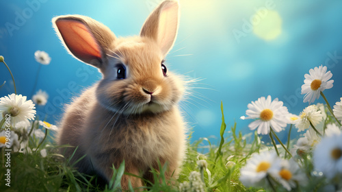 Cute Rabbit in peonias field year of rabbit Meadow Delight Blossom with blue background 