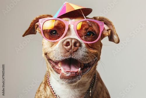 A cute brown and white pitbull with pink glasses, wearing an oversized hat on his head and smiling for the camera. Created with Ai © AllAbout