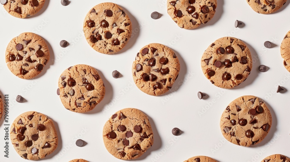 Artistic photo of homemade chocolate chip cookies, crafted with almond flour and high cocoa content chips, reduced sugar, top view, isolated backdrop Artistic photo of homemade chocolate chip cookies, crafted with almond flour and high cocoa content chips, reduced sugar, top view, isolated backdrop