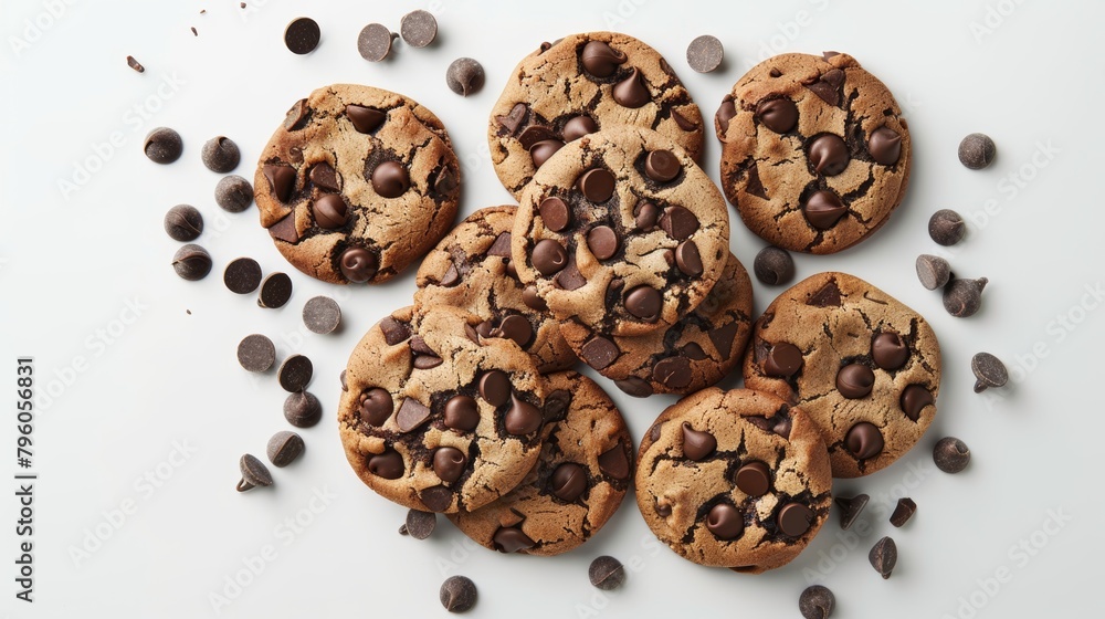 Artistic photo of homemade chocolate chip cookies, crafted with almond flour and high cocoa content chips, reduced sugar, top view, isolated backdrop Artistic photo of homemade chocolate chip cookies, crafted with almond flour and high cocoa content chips, reduced sugar, top view, isolated backdrop