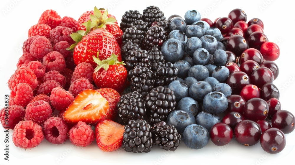 Artistic display of mixed berries, focusing on the health benefits of blueberries, strawberries, raspberries, blackberries, and cranberries, isolated background Artistic display of mixed berries, focusing on the health benefits of blueberries, strawberries, raspberries, blackberries, and cranberries, isolated background