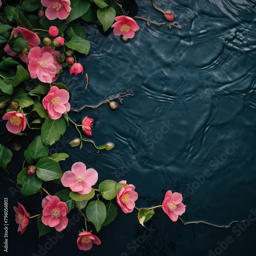 Black water surface with pink flowers, green leaves on the side, dark blue background,