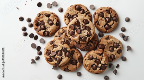 Artistic photo of homemade chocolate chip cookies, crafted with almond flour and high cocoa content chips, reduced sugar, top view, isolated backdrop