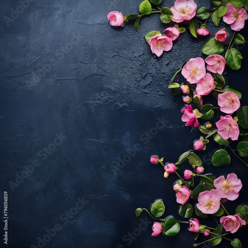 Black water surface with pink flowers, green leaves on the side, dark blue background,