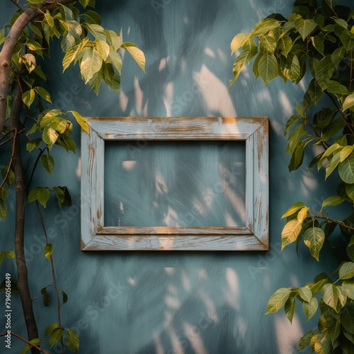 empty wooden picture frame on old vintage wall with green leaves creeping
