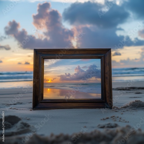 empty wooden picture frame on the beach at sunset,
