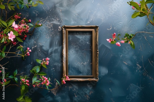 Black water surface with pink flowers, green leaves on the side, dark blue background, with empty wooden picture frame