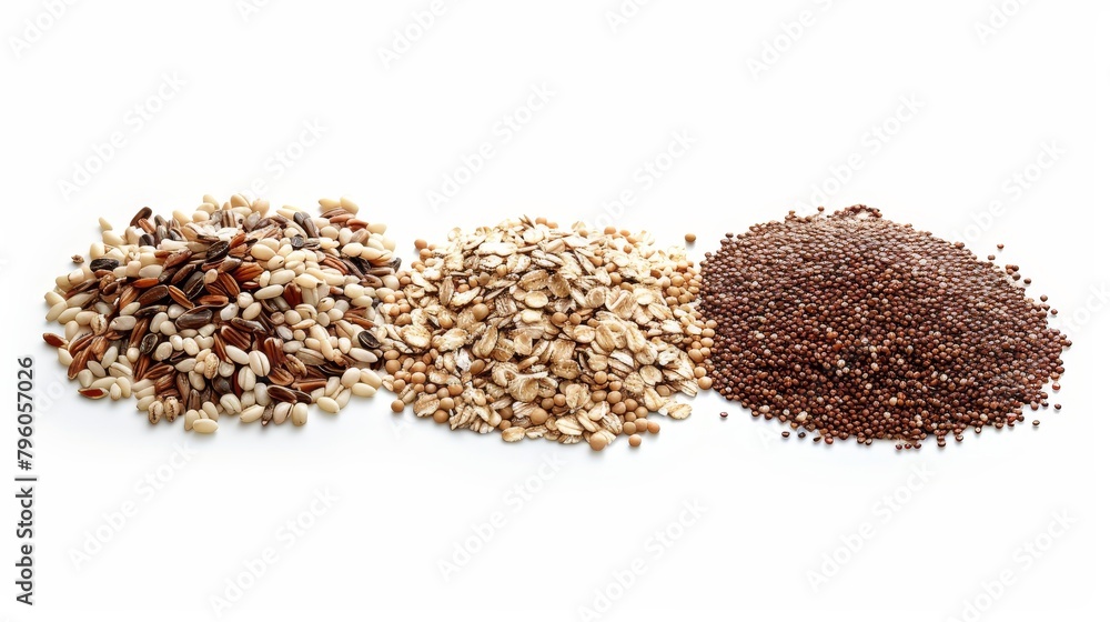 Artistic composition of whole grains, showcasing quinoa, brown rice, and oats as dietary staples, rich in fiber, vitamins, isolated setting Artistic composition of whole grains, showcasing quinoa, brown rice, and oats as dietary staples, rich in fiber, vitamins, isolated setting