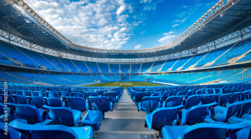 Obraz na płótnie Big olympic stadium and soccer field full of blue seats with a blue sky in the background w salonie