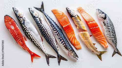 Artistic composition of fatty fish varieties, including salmon and mackerel, from above, showcasing health benefits, clean isolated backdrop