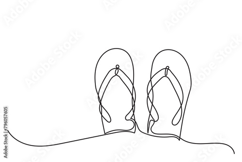 Continuous line drawing of flip-flops on the beach for summer vacation. Single-line slipper icon.Summer beach concept vector illustration.