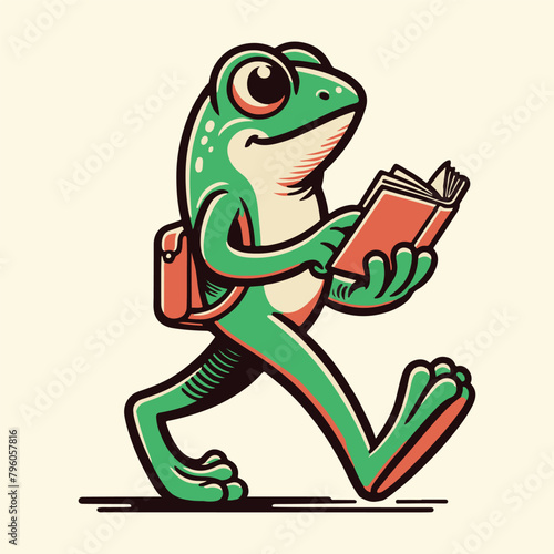 Vintage style illustration of a learned frog walking and engrossed in reading a book, ideal for educational themes and reading campaigns.