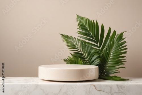 Stone Podium for promotion on neutral beige Background. Natural stone pedestal. Green Palm fern leaves © YOUR