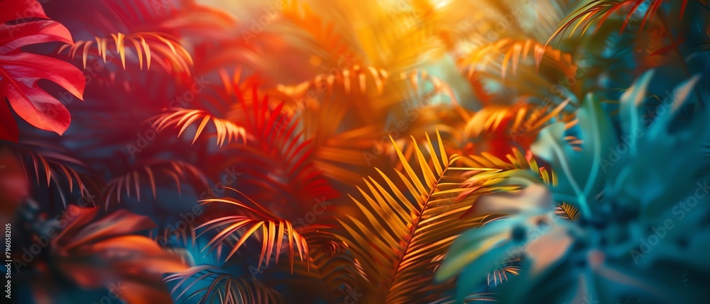 Fototapeta premium An abstract interpretation of a vibrant jungle ecosystem with surreal colors and exaggerated shapes
