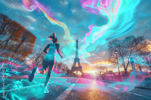 A dynamic image of a female runner with vibrant neon light trails near the Eiffel Tower during a dramatic sunset, showcasing movement and energy