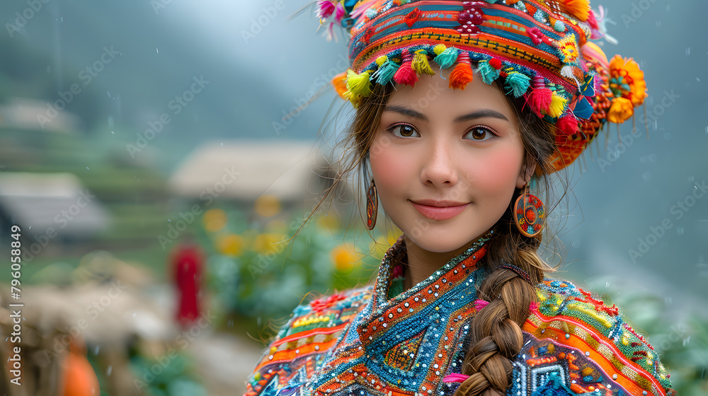 Portrait of a Beautiful Asia Woman Smiling in Colorful National Dress at Festival Carnival, Celebrating Diversity Joy in Local Outfit, Diversity Cultural Heritage. Portrait of a Beautiful Asia Woman Smiling in Colorful National Dress at Festival Carnival, Celebrating Diversity Joy in Local Outfit, Diversity Cultural Heritage.