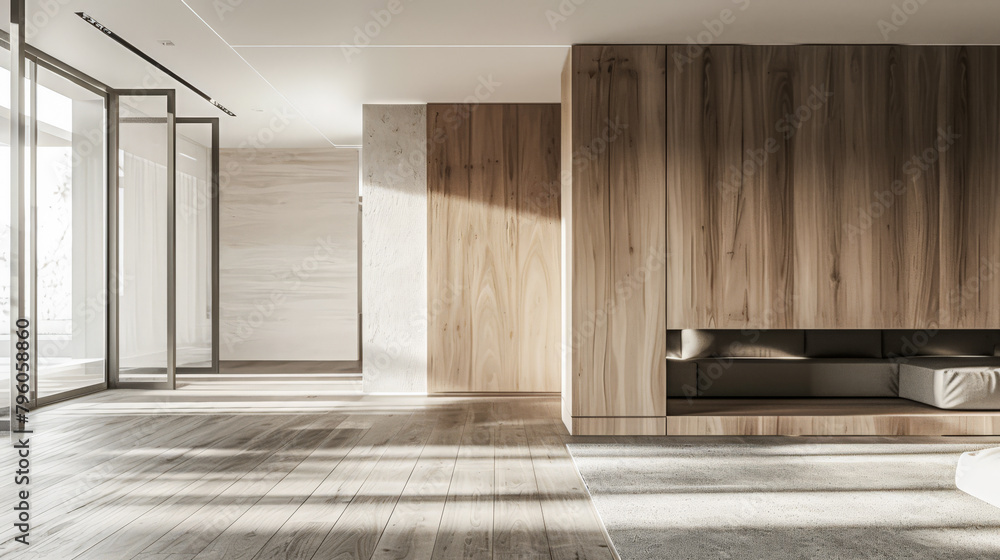 Fototapeta premium Contemporary minimalist empty room with natural lighting coming from a window. Interior design composition with copyspace in natural color.