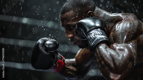 African american Boxer fighting. Black background.