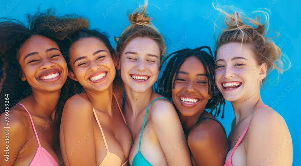 A group of pretty and attractive diverse young women are smiling for a photo in bikini A group of pretty and attractive diverse young women are smiling for a photo in bikini