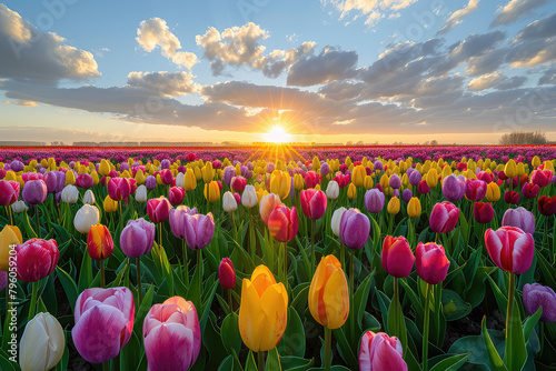 A field of colorful tulips at sunrise  with the sun casting long shadows and creating vibrant colors in their petals against a clear blue sky. Created with Ai