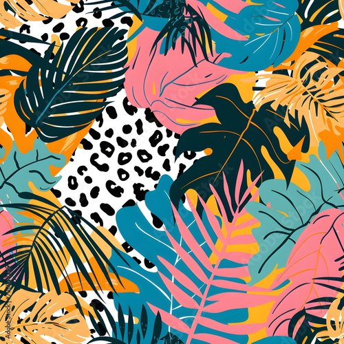 Abstract tropical leaves, grunge leopard camouflage background. Trendy seamless pattern of palm leaves, animal skin print in neutral pastel colors. Art for surface design, fabric, wallpaper