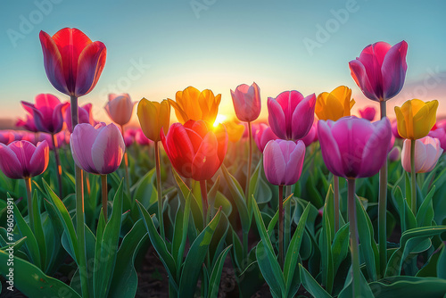 A field of colorful tulips at sunrise  with the sun casting long shadows and creating vibrant colors in the petals. Created with Ai