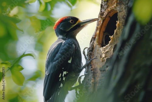 A woodpecker bird is carving a nest in a tree. Photo for a bird magazine. 