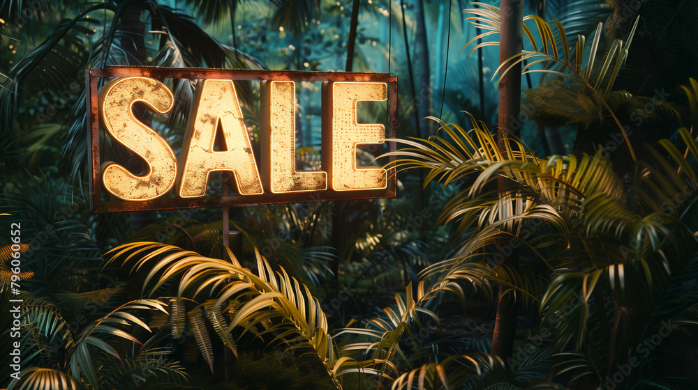 the inscription of the iron letters SALE in retro style with backlight on the background of the jungle - obrazy, fototapety, plakaty 