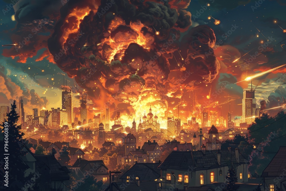 An illustration in a children's style of a city with small houses being targeted by big rockets. Air attack. An illustration in a children's style of a city with small houses being targeted by big rockets. Air attack.