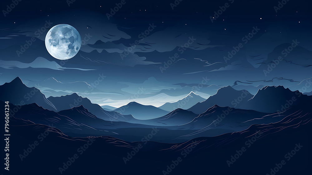 Night Moon and Mountains, abstract horizontal background design