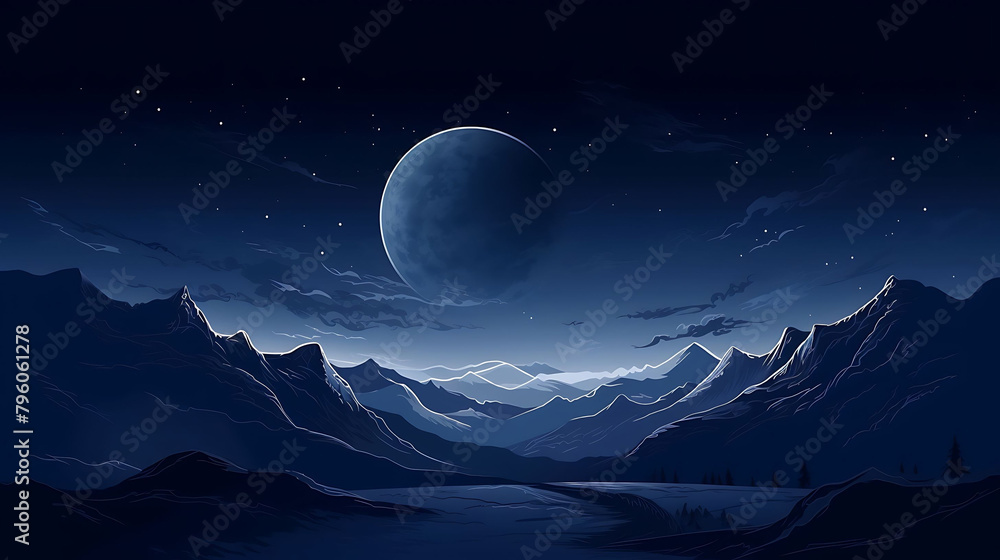 Night Moon and Mountains, abstract horizontal background design