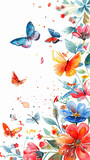 An artistic splash of colorful watercolor flowers and floating butterflies, featuring whimsical doodles and leaves, plus copy space