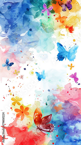 An artistic splash of colorful watercolor flowers and floating butterflies, featuring whimsical doodles and leaves, plus copy space