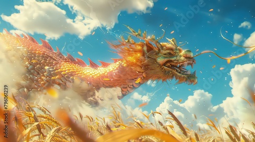 Japanese dragon, Golden scales, Dragon flying across cornfield and spitting fire from its mouth, Colorful clouds rising in the blue sky AI generated photo