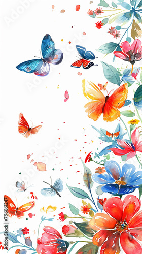 An artistic splash of colorful watercolor flowers and floating butterflies  featuring whimsical doodles and leaves  plus copy space