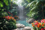 A peaceful oasis surrounded by lush, colorful flora